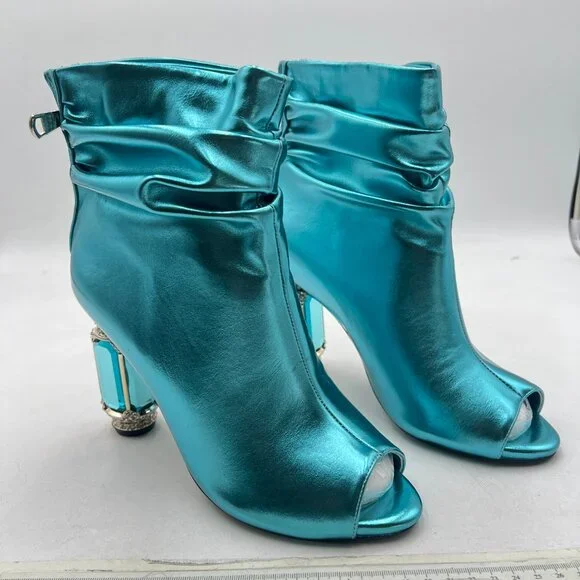 FSJ Turquoise Peep Toe Slouch Ankle Boots Chunky Stacked Heels Party Prom Shoes - Picture 4 of 8